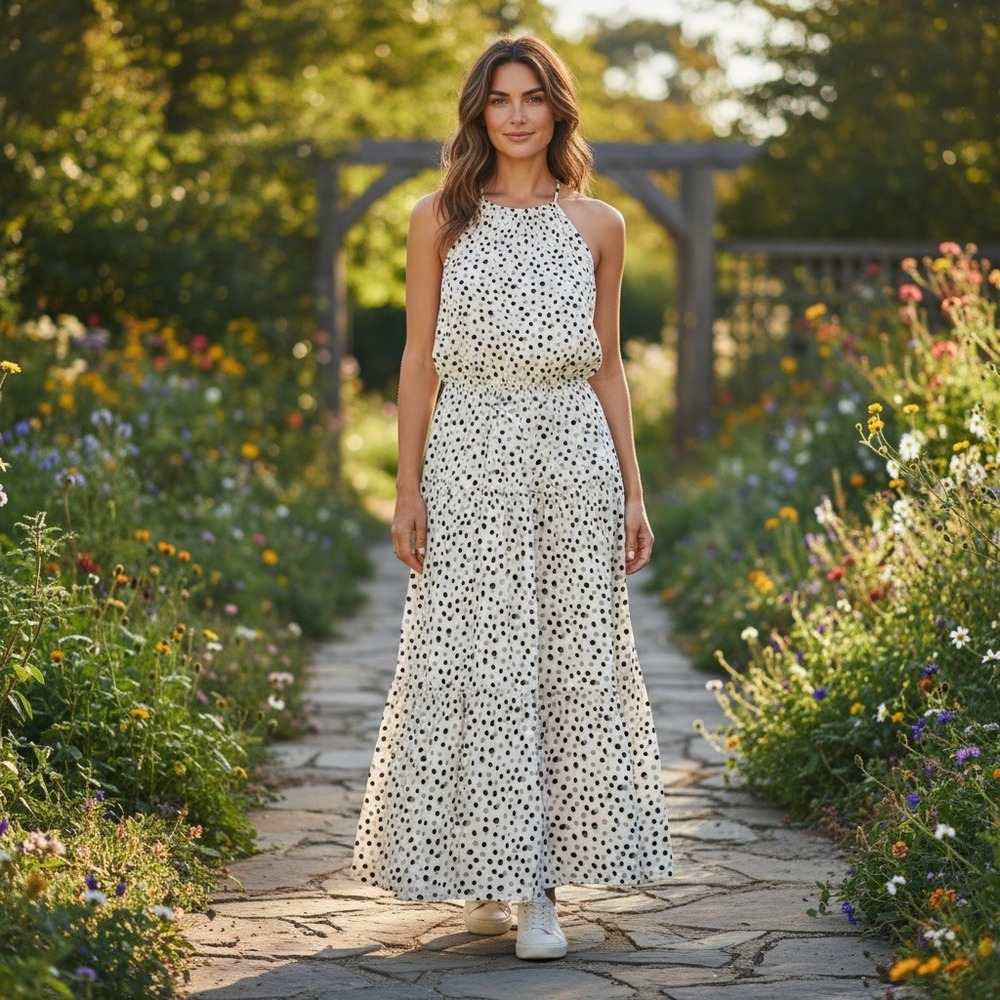 LASCANA Polka Dot‎ Halter Maxi Dress Flowy Tiered White Black Size 8